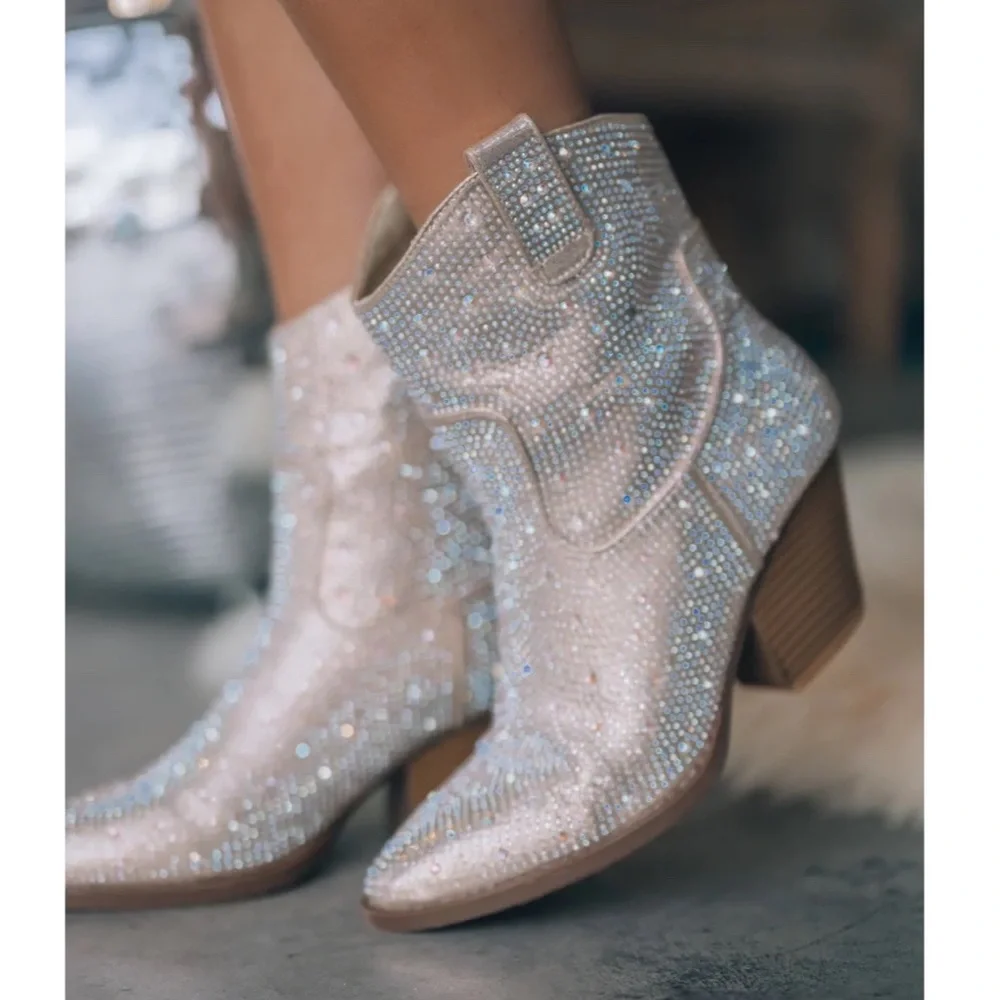 NEW Champagne Western Style Bedazzled Cowboy Ankle Boots - Picture 6 of 16